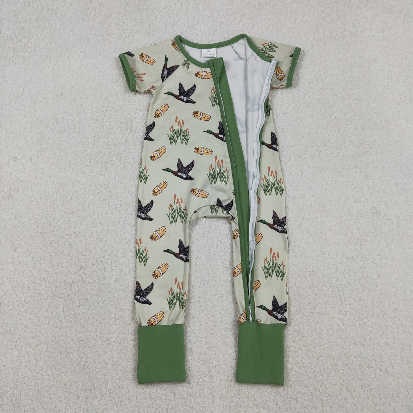 Baby Boys Green Ducks Calls Hunting Two Way Zip Convertible Rompers