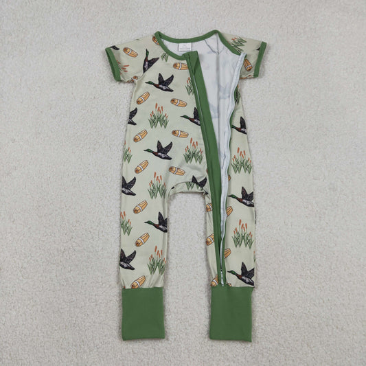 Baby Boys Green Ducks Calls Hunting Two Way Zip Convertible Rompers