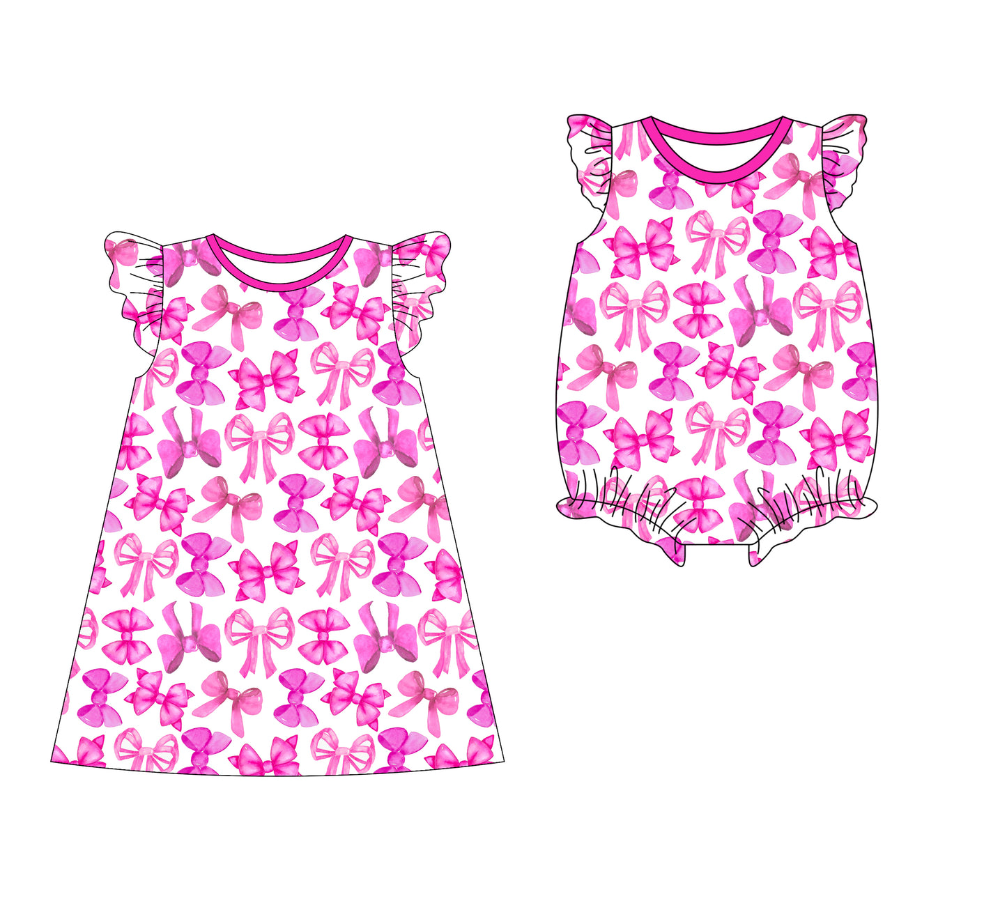 Preorder moq 5 Custom Baby Girls Flutter Sleeves Hot Pink Bows Knee Length Dresses Rompers