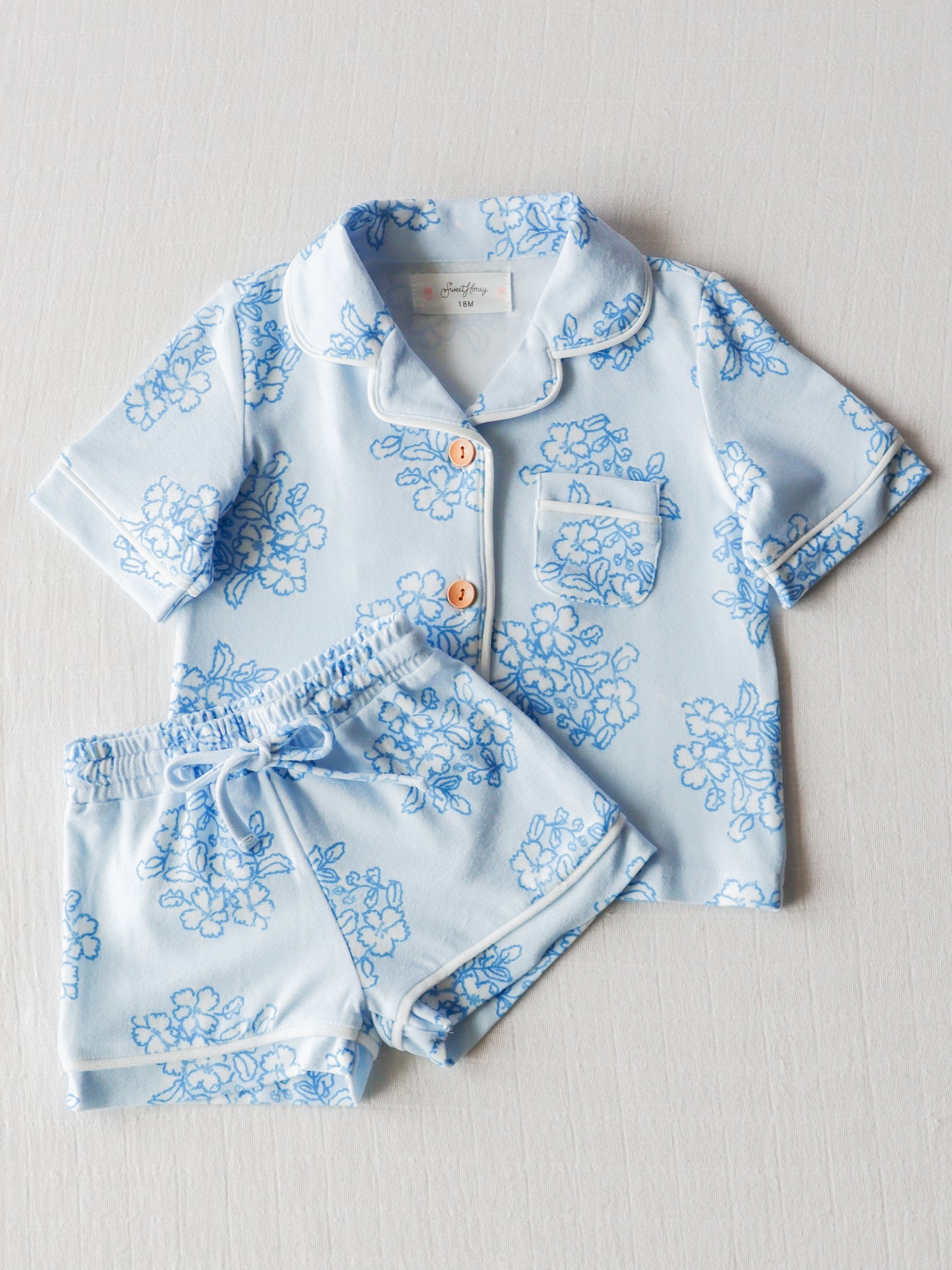 Baby Girls Blue Flowers Buttons Top Shirt Shorts Pajamas Clothes Sets preorder (moq 5)