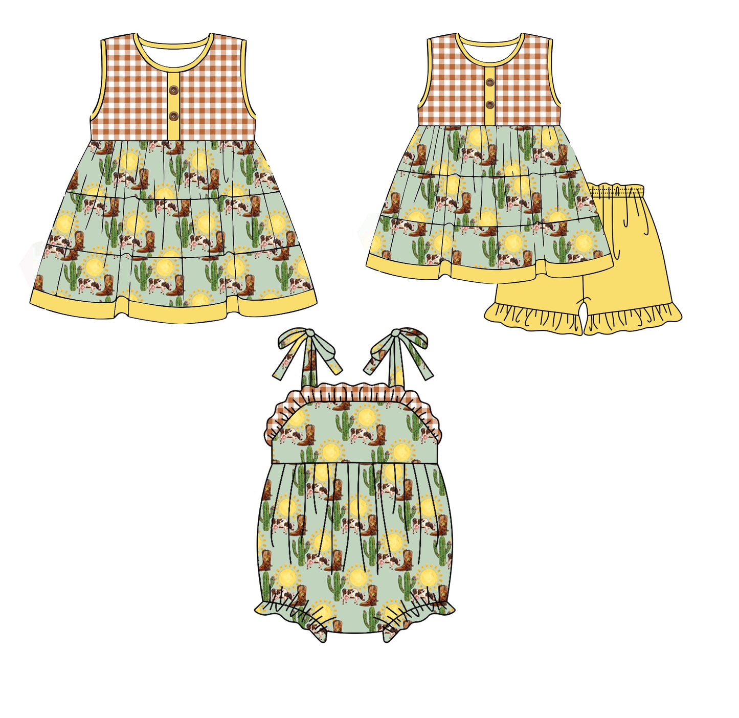 Preorder(moq 5 each)Sibling Baby Girls Western Boots Cactus Checkered Spring Romper Dress Shorts Sets