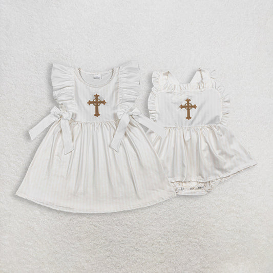 Sibling Baby Girls Embroidery Cross Easter Knee Length Dresses Rompers