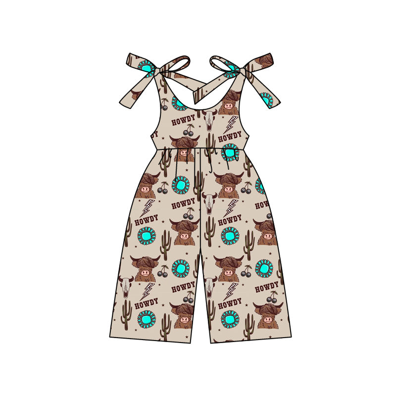 Preorder (moq 5)Baby Girls Western Howdy Cactus Cow Straps Summer Jumpsuits