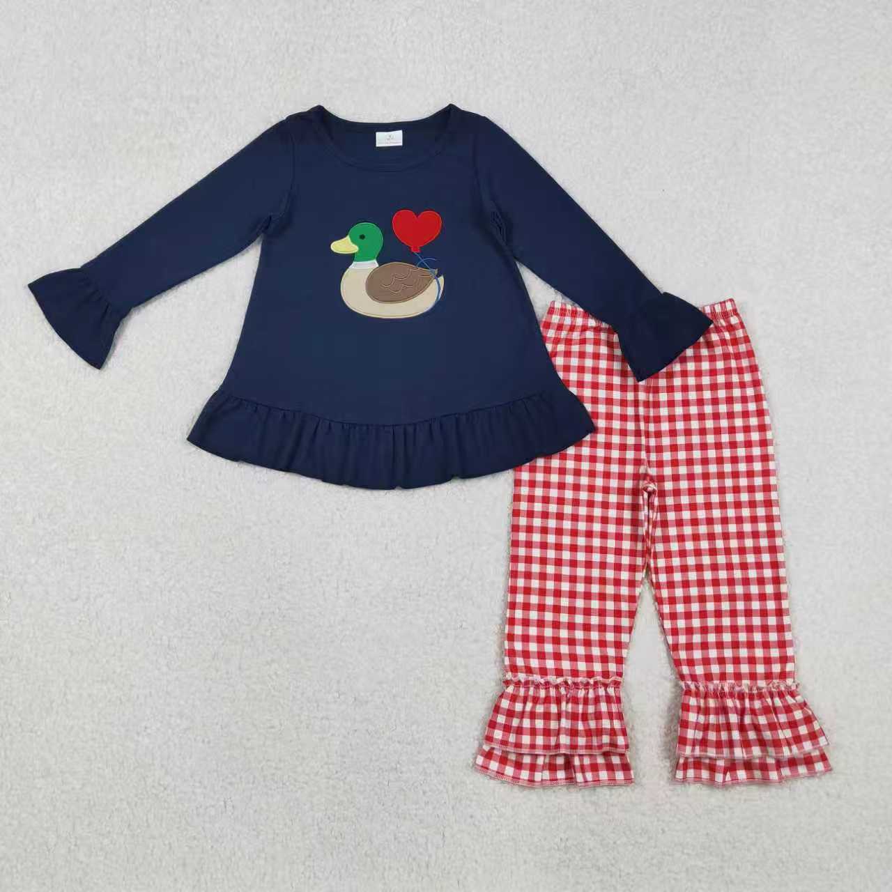 Sibling Baby Boys Girls Embroidery Duck Hearts Red Checked Pant Valentines Clothes Sets Footie Rompers