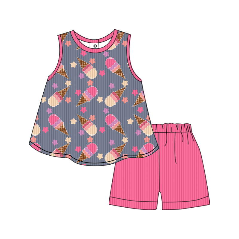 Preorder (moq 5)Baby Girls Summer Popstick Ribbed Tunic Shorts Clothes Sets