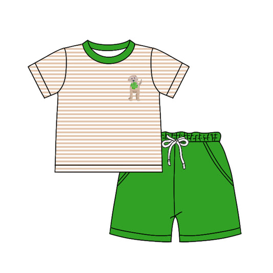 Preorder (moq 5)Baby Boys Stripes Dog Quatrefoil Shirts Pockets Shorts Clothes Sets