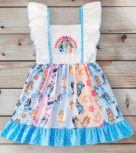 Baby Girls Blue Dogs Rainbow Ruffle Knee Length Dresses Preorder(moq 5)