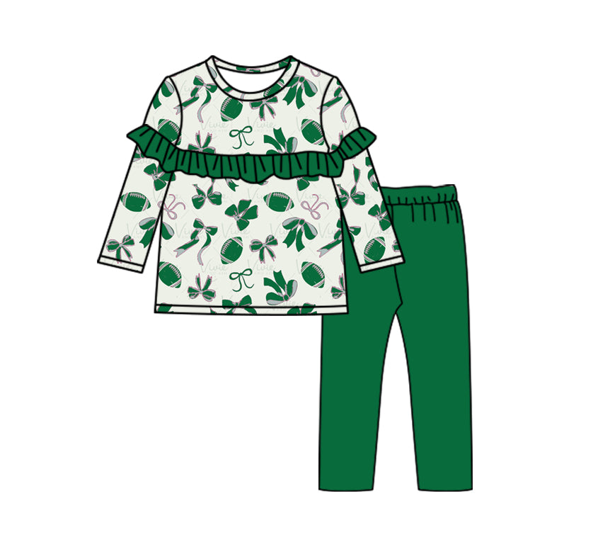 Baby Girls Football Green Bow Tunic Tee Shirt Top Pants Clothes Sets Preorder(moq 5)