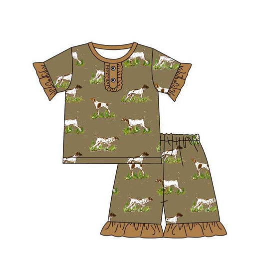 Baby Girls Dogs Hunting Brown Shirts Top Ruffle Shorts Pajamas Sets preorder(MOQ 5)