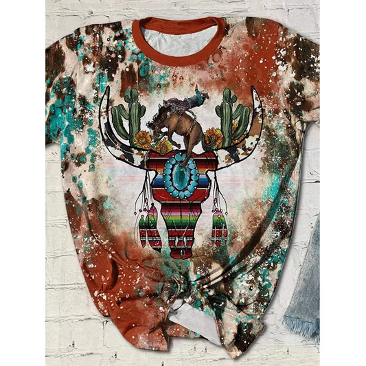 Preorder moq 5 Adult Women Western Cow Skull Rodeo Bleached Tee Shirts Tops