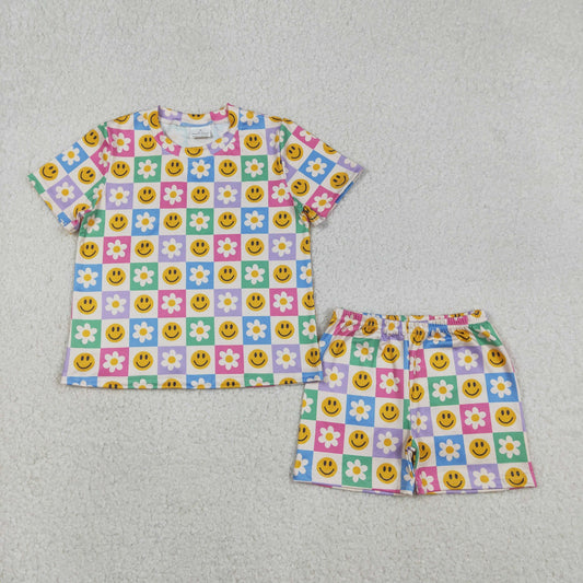 Baby Girls Colorful Smile Flowers Checked Pockets Shorts Clothes Sets
