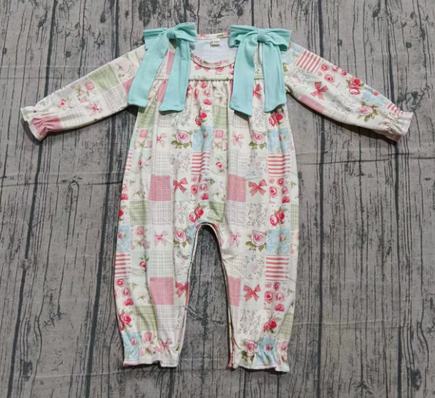 Preorder (moq 5)Baby Girls Flowers Checked Bows Ruffle Footie Rompers