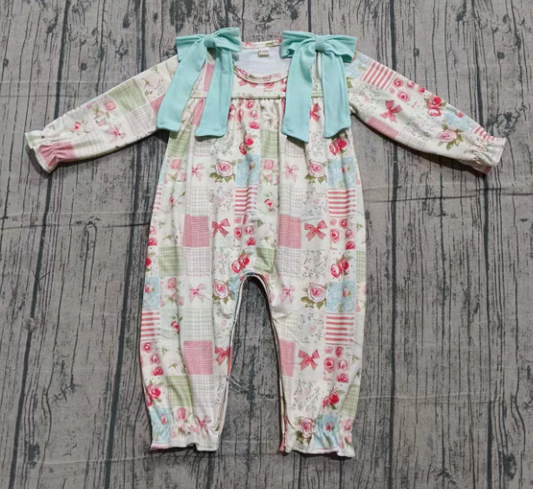 Preorder (moq 5)Baby Girls Flowers Checked Bows Ruffle Footie Rompers