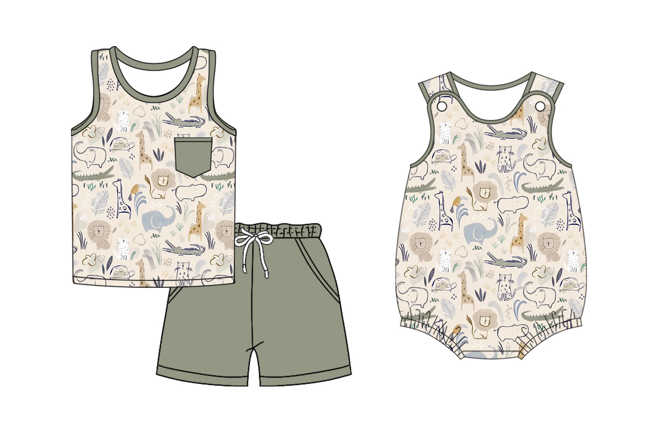Preorder moq 5 Custom Baby Boys Sleeveless Animals Flowers Top Pockets Short Set Rompers