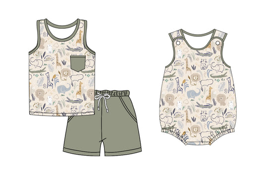 Preorder moq 5 Custom Baby Boys Sleeveless Animals Flowers Top Pockets Short Set Rompers
