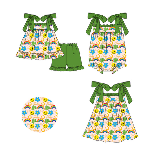 Preorder(moq 5 each)Sibling Baby Girls Green Rainbow Smile Quatrefoil Straps Romper Dress Shorts Sets