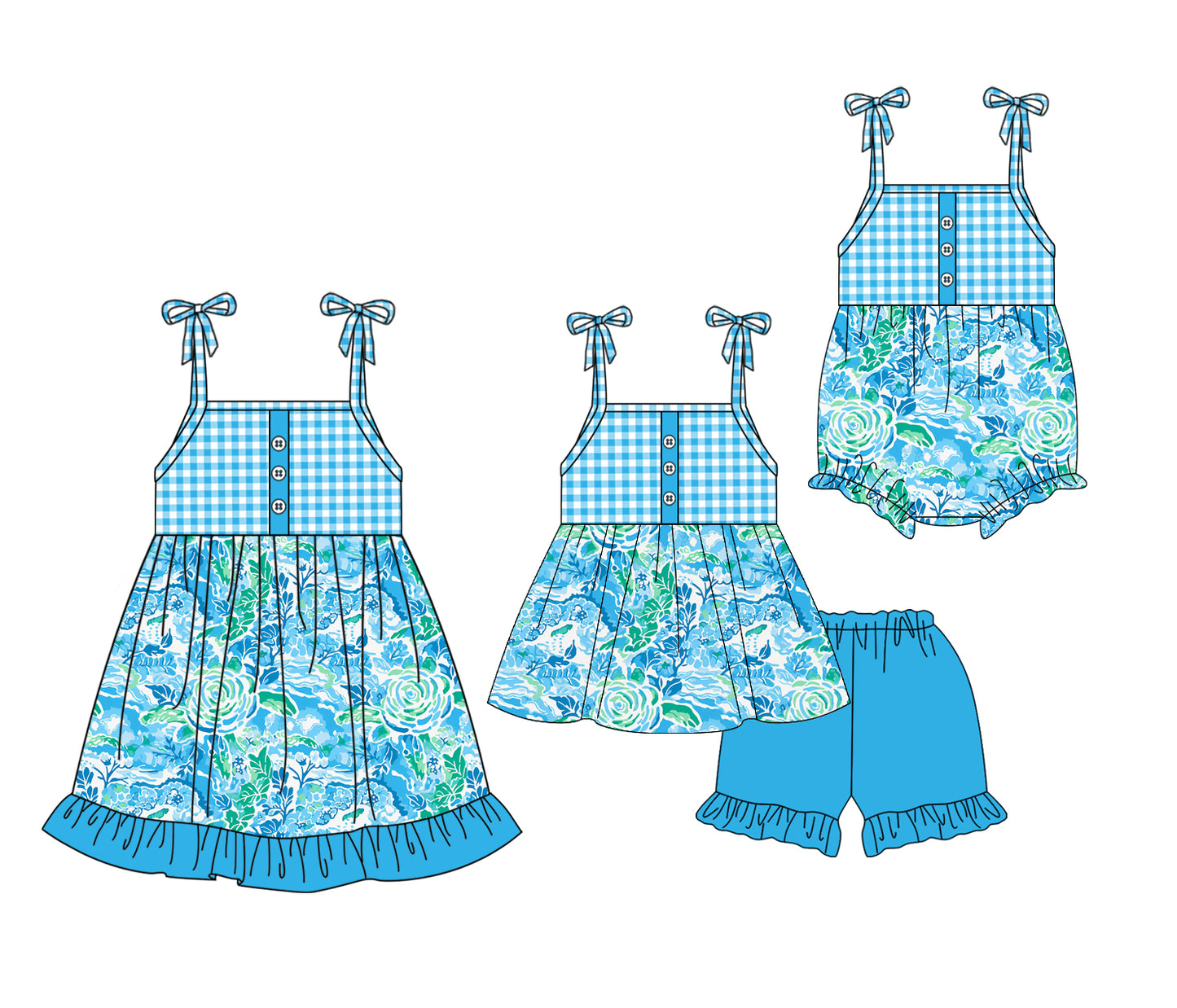 Preorder moq 5 Custom Baby Girls Blue Strap Button Floral Tunic Green Ruffle Short Sets Knee Length Dress Rompers