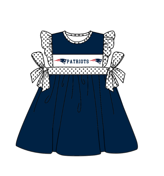 Preorder (moq 5)Baby Girls Flutter Sleeve Patriots Polka Dots Team Knee Length Dresses