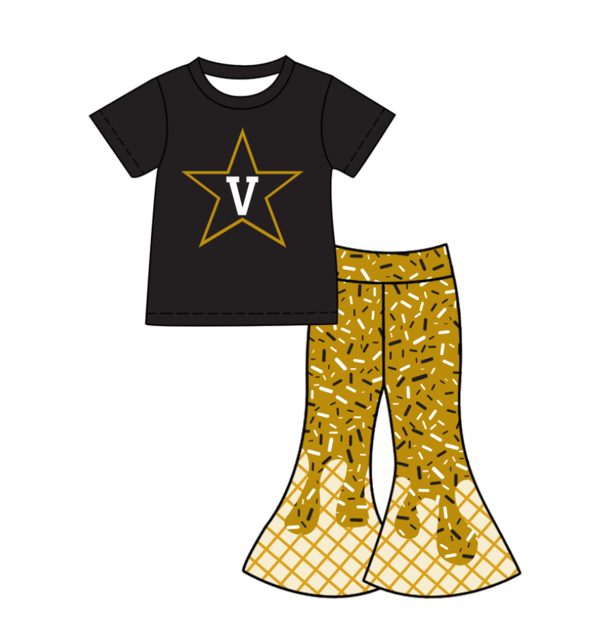 Preorder (moq 5)Baby Girls Black V Stars Top Drip Sprinkles Bell Bottom Pants Team Clothes Sets