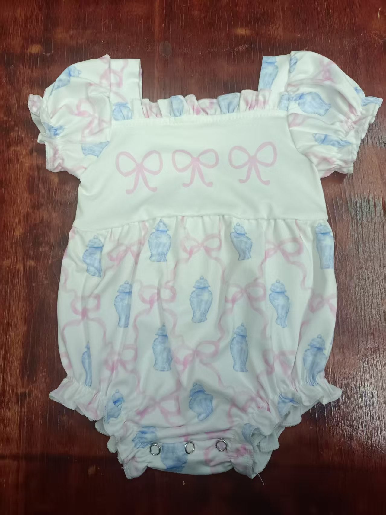 Preorder moq 5 Baby Girls Short Ruffle Sleeves Pink Bows Plaid Ruffle Rompers