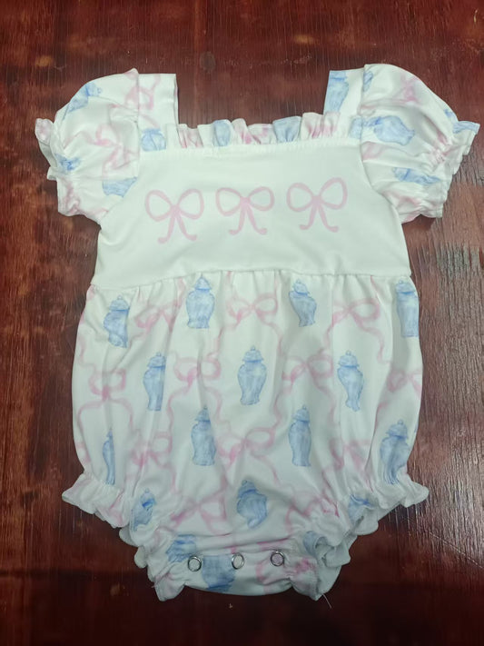 Preorder moq 5 Baby Girls Short Ruffle Sleeves Pink Bows Plaid Ruffle Rompers