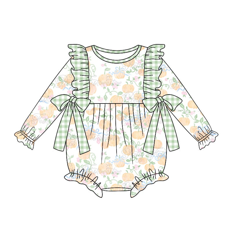 Baby Infant Girls Green Pumpkin Bows Rompers preorder(moq 5)