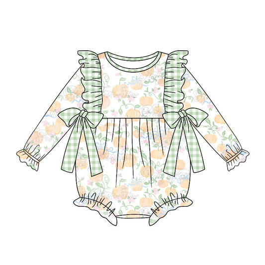 Baby Infant Girls Green Pumpkin Bows Rompers preorder(moq 5)