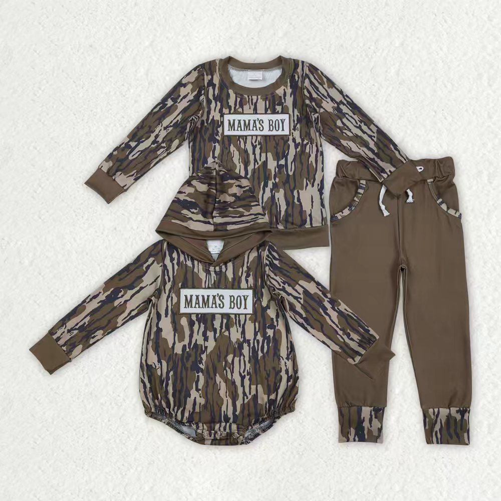 Sibling Baby Boys Embroidery Mama's Boy Olive Camo Pockets Pant Clothes Sets Hoodie Romper