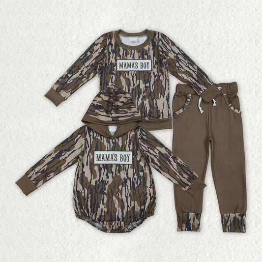 Sibling Baby Boys Embroidery Mama's Boy Olive Camo Pockets Pant Clothes Sets Hoodie Romper