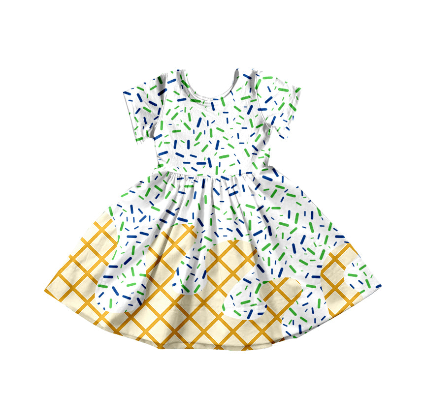 Preorder moq 5 Baby Girls Green Ice Cream Drips Sprinkles Knee Length Dresses