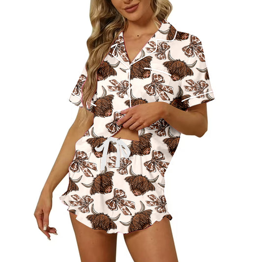 Preorder moq 5 Adult Women Western Highland Cow Bows Button Pocket Top Short Pajamas