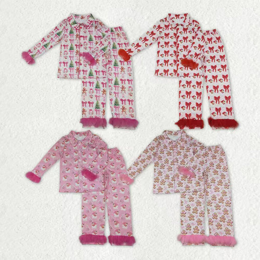 Sibling Adult Women Bows Santa Trees Button Top Pants Christmas Fur Pajamas Sets