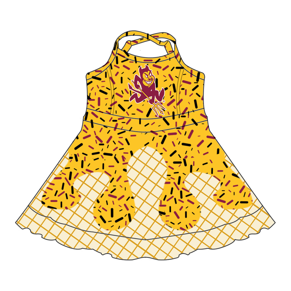 Preorder (moq 5)Baby Girls Drip Sprinkles Sun Devil Team Shorts Ruffle Knee Length Dress