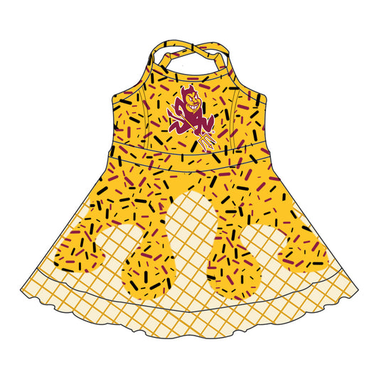 Preorder (moq 5)Baby Girls Drip Sprinkles Sun Devil Team Shorts Ruffle Knee Length Dress