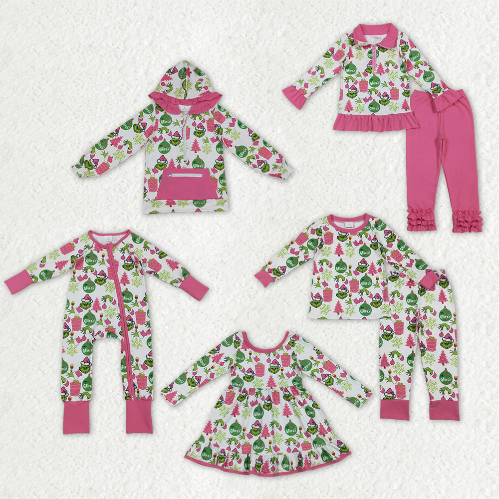 Sibling Baby Girls Green Faces Trees Lights Christmas Ruffle Knee Length Dress Pajamas Sets Footie Rompers