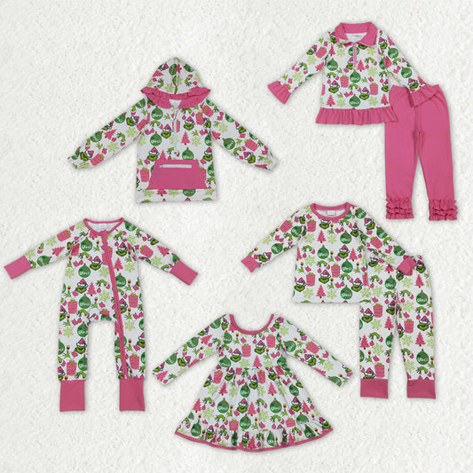 Sibling Baby Girls Green Faces Trees Lights Christmas Ruffle Knee Length Dress Pajamas Sets Footie Rompers