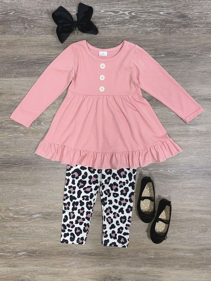 Baby Girls Pink Ruffle Tops Leopard Legging Pants Clothes Sets