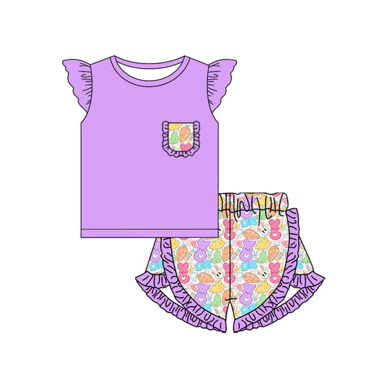 Preorder (moq 5)Baby Girls Easter Purple Pocket Shirt Ruffle Rabbits Shorts Clothes Sets