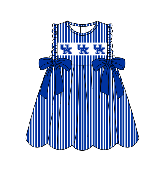 Preorder (moq 5)Baby Girls Sleeveless Hot Blue Stripe UK Bows Team Knee Length Dresses
