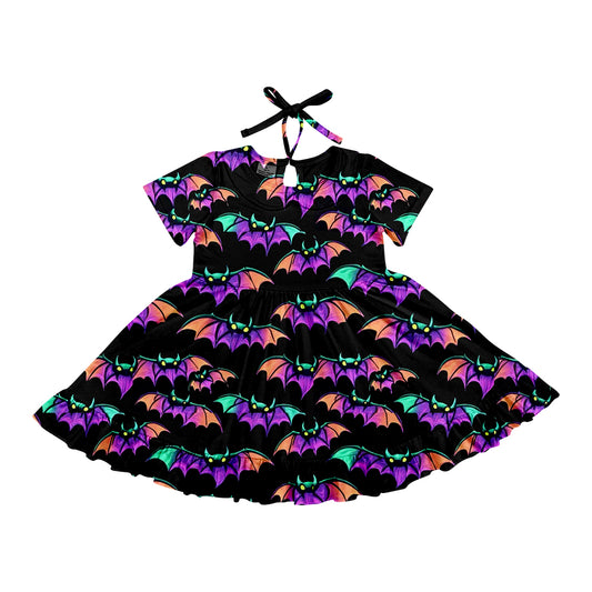Preorder (moq 5)Baby Girls Halloween Colorful Bats Twirl Knee Length Dresses