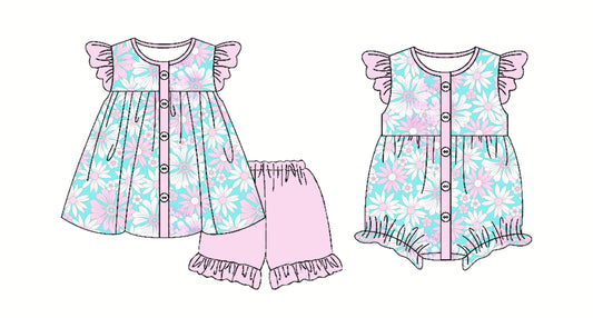 Preorder moq 5 Custom Baby Girls Pink Floral Button Tunic Ruffle Short Set Rompers