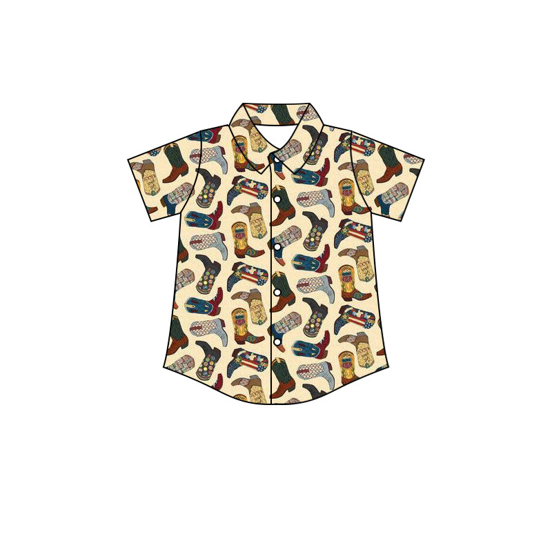 Preorder (moq 5)Baby Boys Western Boots Buttons Short Sleeve Tee Shirts Tops