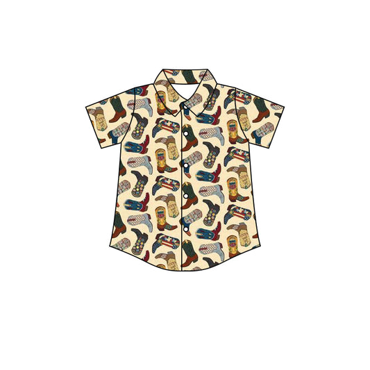 Preorder (moq 5)Baby Boys Western Boots Buttons Short Sleeve Tee Shirts Tops