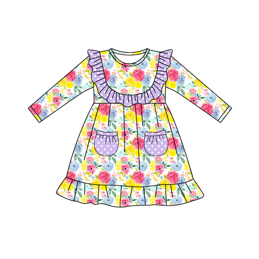 Baby Girls Purple Flowers Knee Length Dresses Preorder(moq 5)