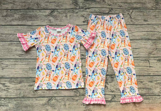Baby Girls Easter Dog Eggs Tops Ruffle Pants Pajamas Clothes Sets