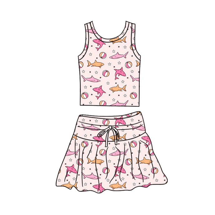 Preorder (moq 5)Baby Girls Pink Shark Stars Vest Top Skirt Short Clothes Sets