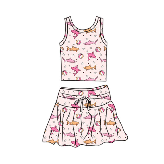 Preorder (moq 5)Baby Girls Pink Shark Stars Vest Top Skirt Short Clothes Sets