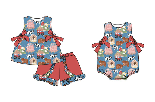 Preorder moq 5 Custom Baby Girls Sleeveless House Cows Bows Tunic Red Ruffle Short Farm Set Rompers