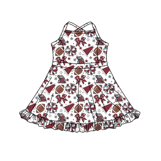 Preorder (moq 5)Baby Girls Strap Bows Stars Footballs Team Shorts Ruffle Knee Length Dress