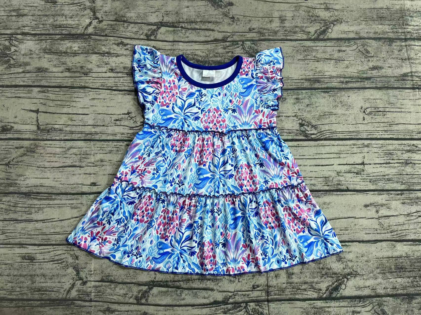 Baby Girls Summer Flutter Sleeve Blue Flowers Tunic Tops